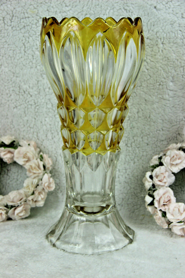 Vintage Bohemia Czech crystal glass yellow clear cut Vase 1950