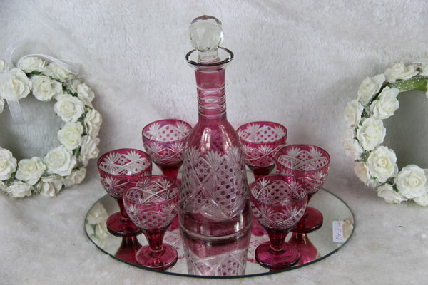 Set Bohemia Crystal liquor shots glasses caraf Detailed ruby red cut on plate