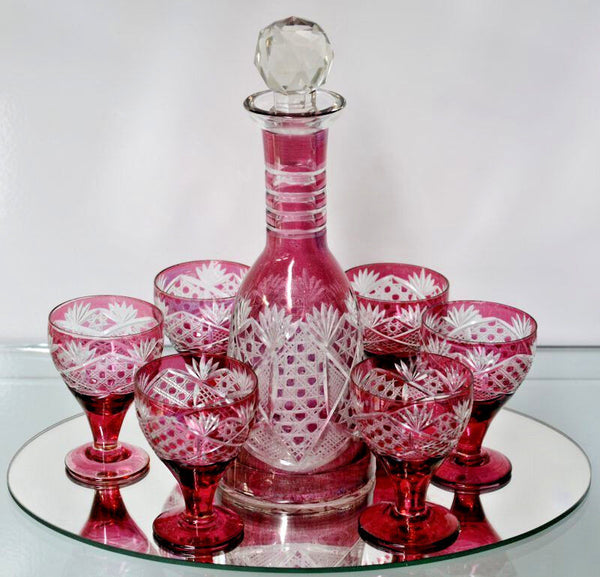 Set Bohemia Crystal liquor shots glasses caraf Detailed ruby red cut on plate