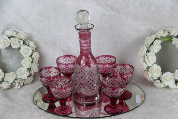 Set Bohemia Crystal liquor shots glasses caraf Detailed ruby red cut on plate