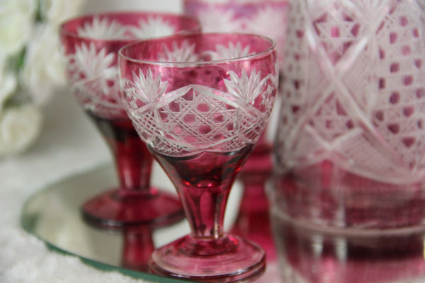 Set Bohemia Crystal liquor shots glasses caraf Detailed ruby red cut on plate