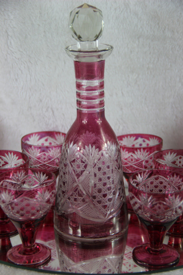 Set Bohemia Crystal liquor shots glasses caraf Detailed ruby red cut on plate