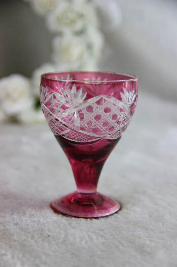 Set Bohemia Crystal liquor shots glasses caraf Detailed ruby red cut on plate