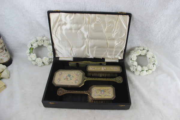 ANTIQUE VICTORIANFILIGREE NEEDLEPOINT VANITY HAND MIRROR BRUSH set box