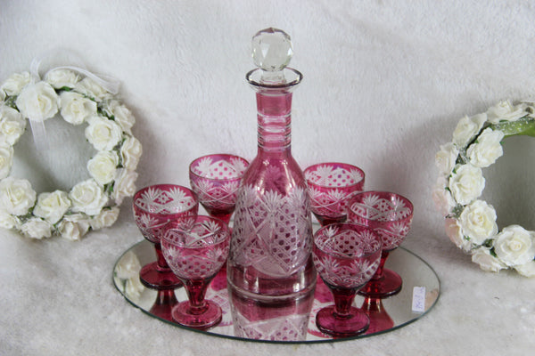 Set Bohemia Crystal liquor shots glasses caraf Detailed ruby red cut on plate