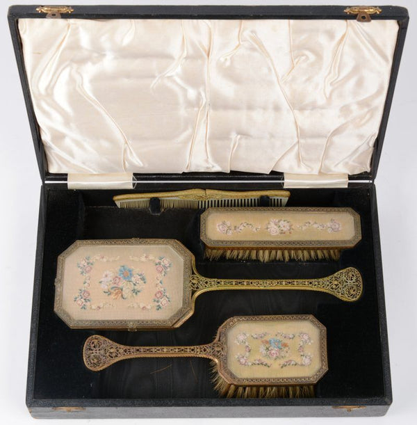 ANTIQUE VICTORIANFILIGREE NEEDLEPOINT VANITY HAND MIRROR BRUSH set box