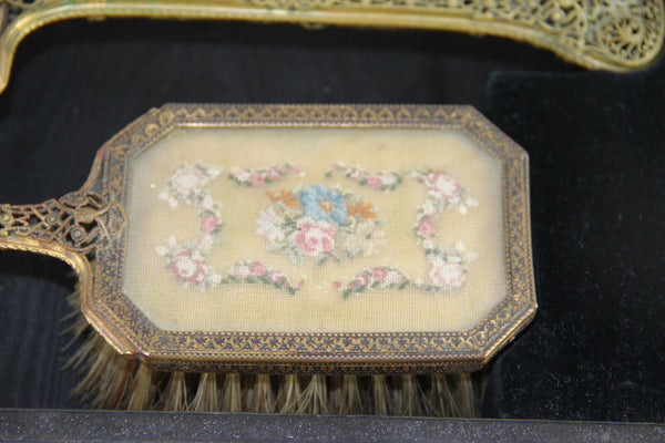 ANTIQUE VICTORIANFILIGREE NEEDLEPOINT VANITY HAND MIRROR BRUSH set box