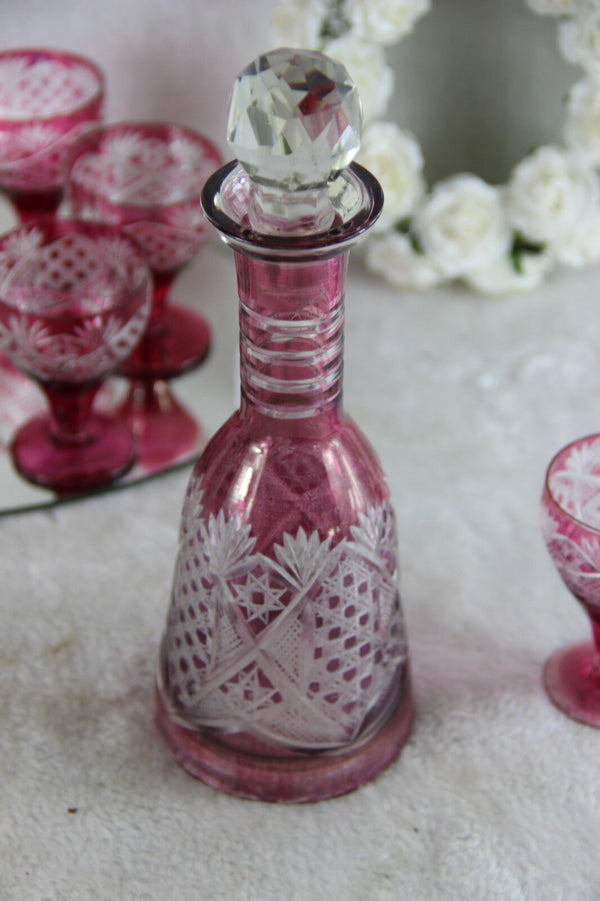 Set Bohemia Crystal liquor shots glasses caraf Detailed ruby red cut on plate