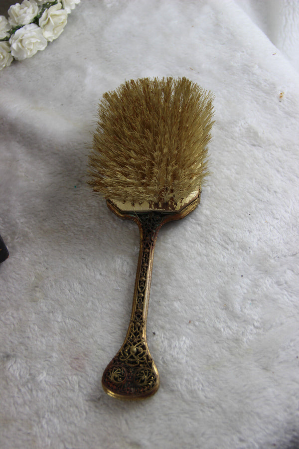 ANTIQUE VICTORIANFILIGREE NEEDLEPOINT VANITY HAND MIRROR BRUSH set box