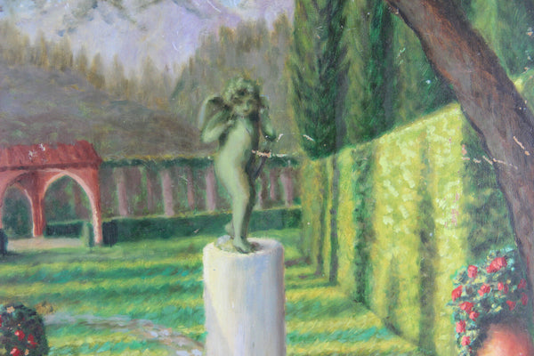 Georges Emile Viardot (1888-1965) oil hardboard painting angel putti in garden