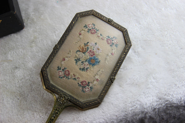 ANTIQUE VICTORIANFILIGREE NEEDLEPOINT VANITY HAND MIRROR BRUSH set box