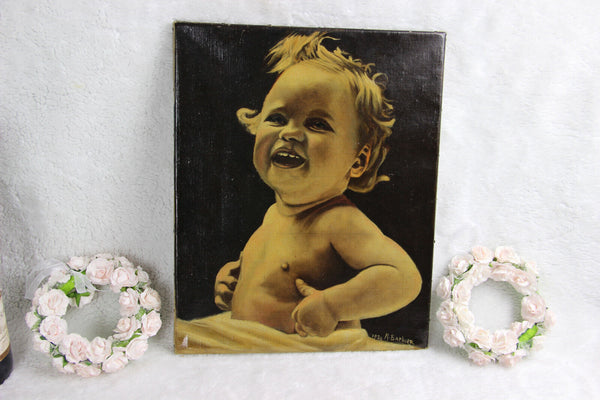 Antique 1934 Signed Belgian oil canvas portrait baby child painting cute