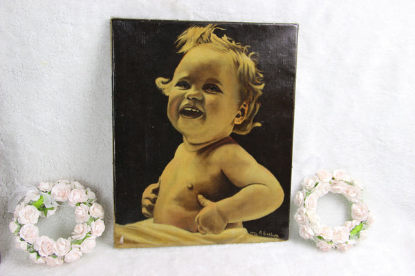 Antique 1934 Signed Belgian oil canvas portrait baby child painting cute