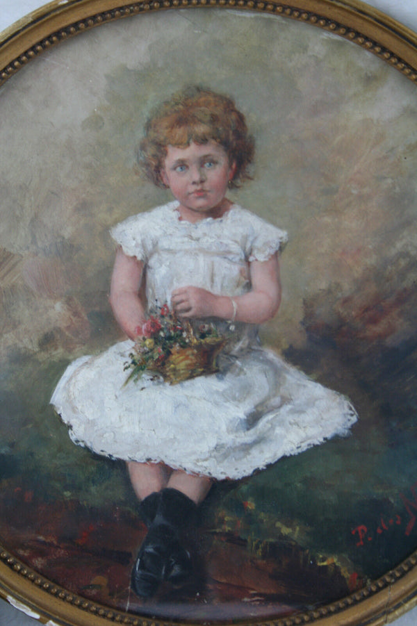 Gorgeous OIL on Paper painting Sitting victorian girl Belgian master 1920-1930