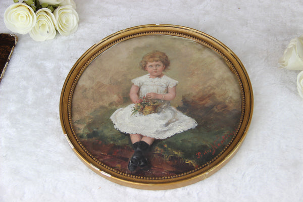 Gorgeous OIL on Paper painting Sitting victorian girl Belgian master 1920-1930