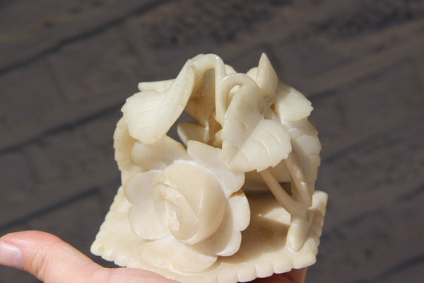 Rare antique alabaster carved floral roses Trinket jewelry box 1950