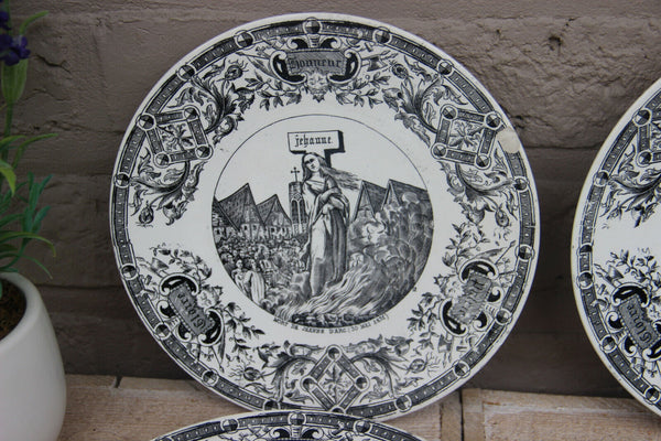 Antique set 4 SARREGUEMINES pottery marked plates jeanne d'arc theme