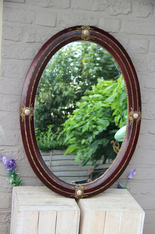 Gorgeous french 1960 Burgundy red wood porcelain medaillon mirror oval