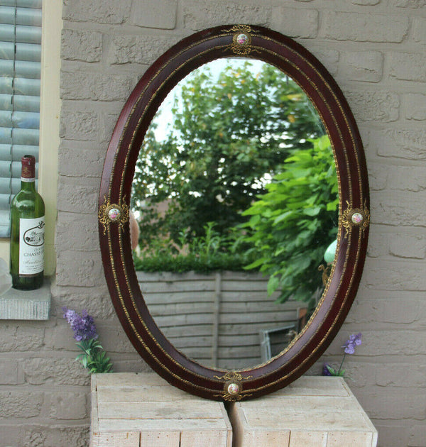 Gorgeous french 1960 Burgundy red wood porcelain medaillon mirror oval