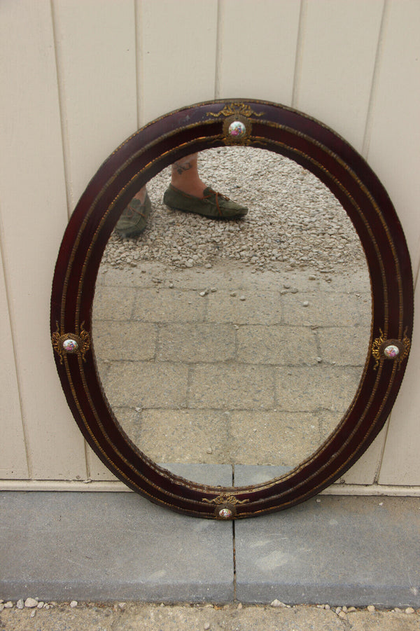 Gorgeous french 1960 Burgundy red wood porcelain medaillon mirror oval