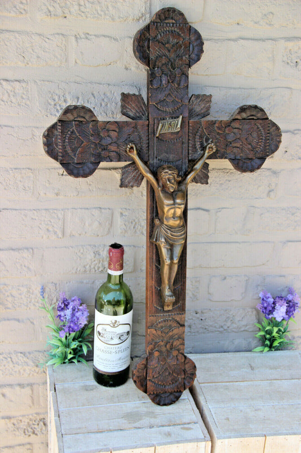 Antique XL French oak carved religious Crucifix brass christ