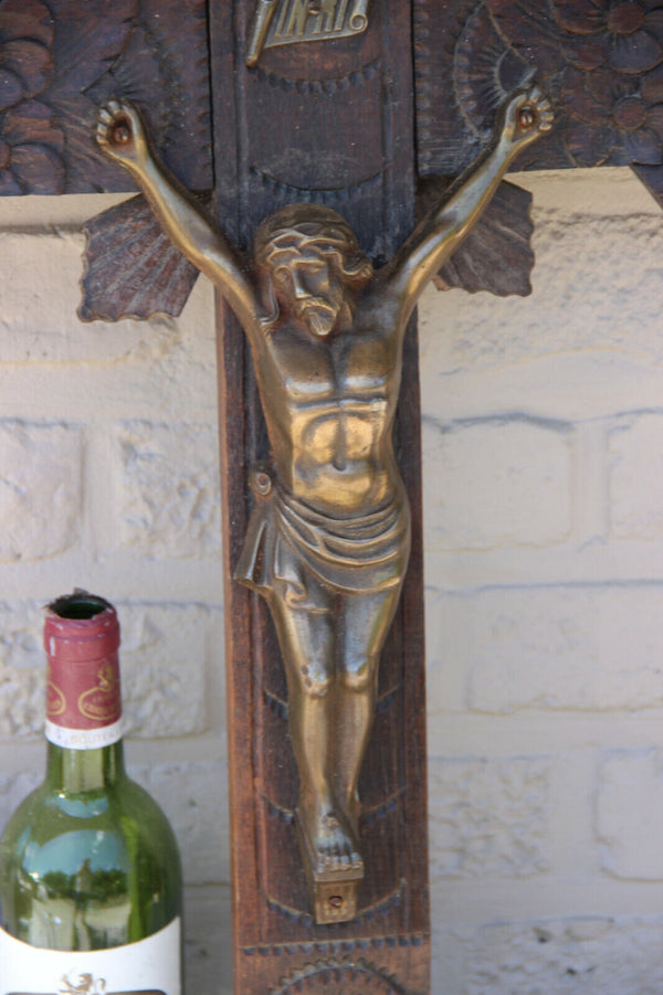 Antique XL French oak carved religious Crucifix brass christ