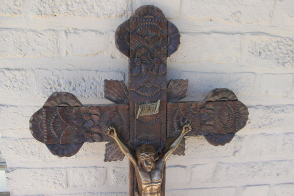 Antique XL French oak carved religious Crucifix brass christ