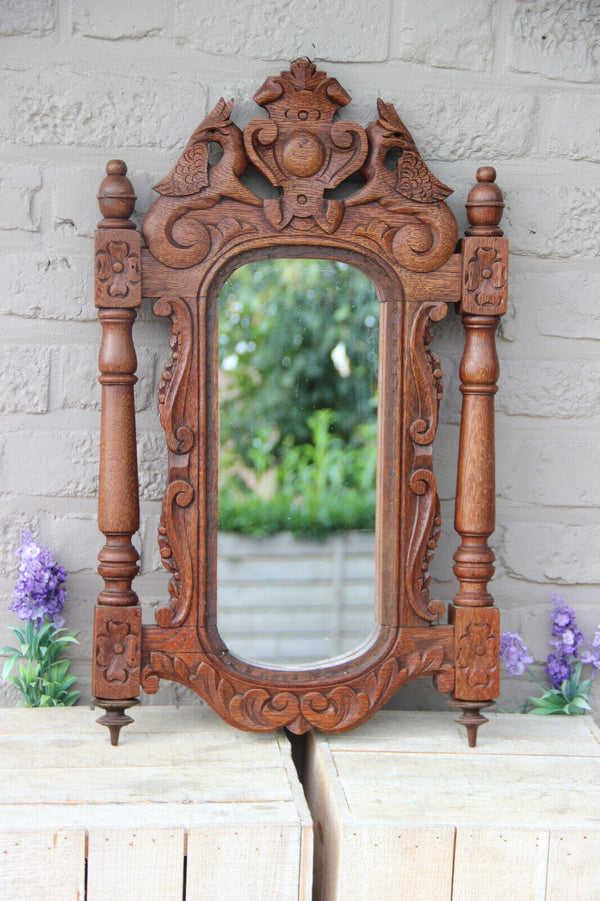 Antique French Wood oak carved wall mirror phoenix bird mythological figurines