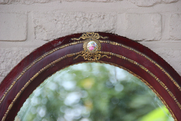 Gorgeous french 1960 Burgundy red wood porcelain medaillon mirror oval