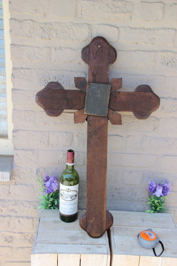 Antique XL French oak carved religious Crucifix brass christ