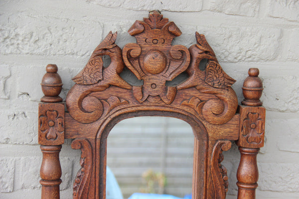 Antique French Wood oak carved wall mirror phoenix bird mythological figurines