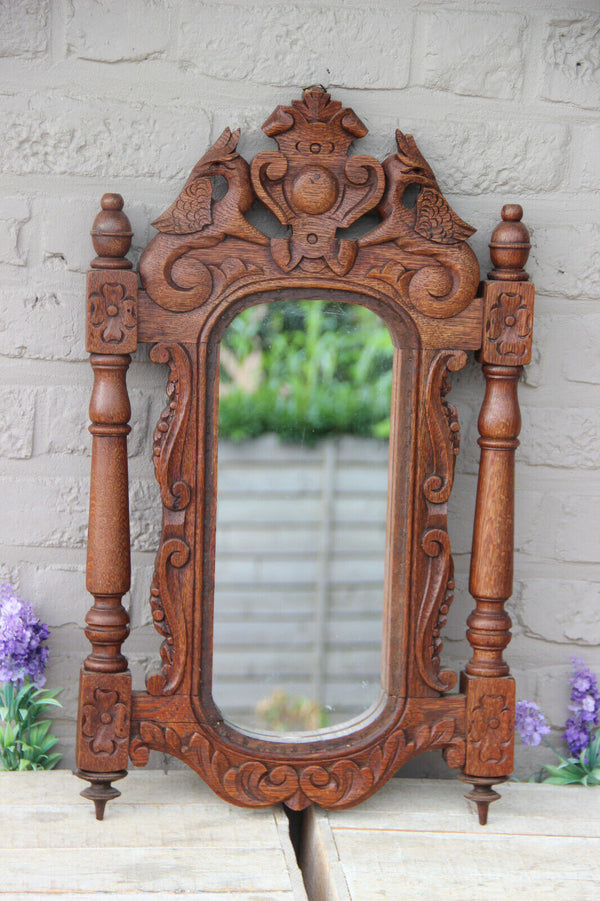 Antique French Wood oak carved wall mirror phoenix bird mythological figurines