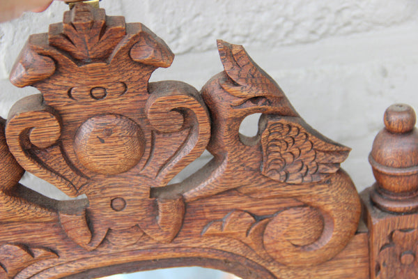 Antique French Wood oak carved wall mirror phoenix bird mythological figurines