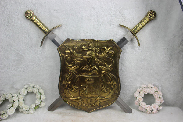 Gorgeous French copper embossed Wall shield armor Swords knight 1960