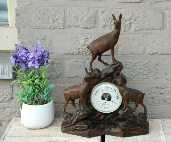 Rare Antique Swiss Black Forest wood carved hunt deer Animal Barometer