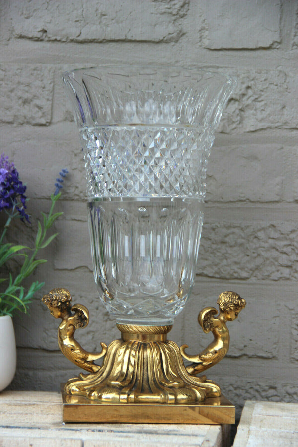 Large heavy Crystal glass clear cut Vase bronze putti angels base