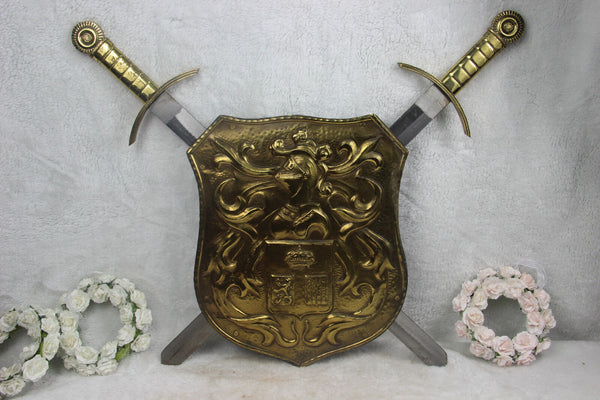 Gorgeous French copper embossed Wall shield armor Swords knight 1960