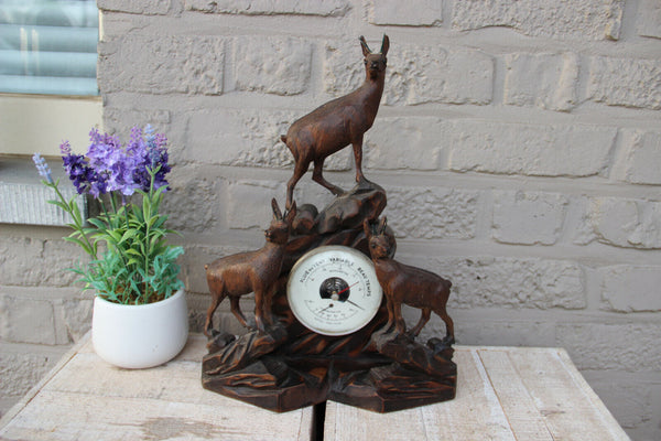 Rare Antique Swiss Black Forest wood carved hunt deer Animal Barometer