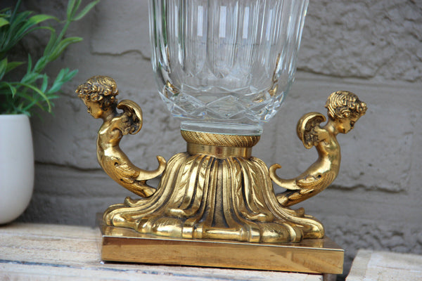 Large heavy Crystal glass clear cut Vase bronze putti angels base