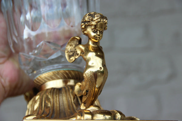 Large heavy Crystal glass clear cut Vase bronze putti angels base