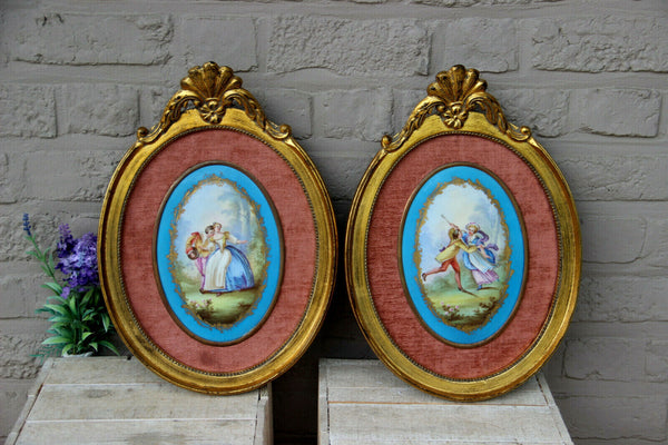 Antique pair Wall panel sevres porcelain plaque romantic scene Framed rare