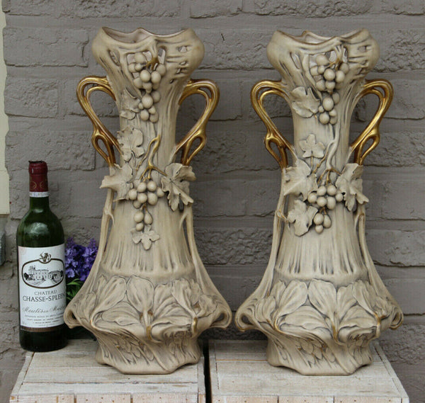 XL Pair ROYAL DUX bohemia porcelain Art nouveau 1900 vases grapes floral rare