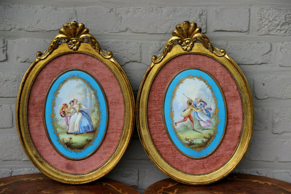 Antique pair Wall panel sevres porcelain plaque romantic scene Framed rare