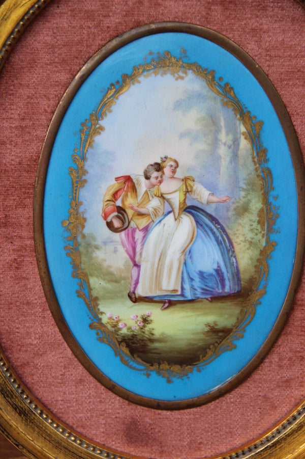 Antique pair Wall panel sevres porcelain plaque romantic scene Framed rare