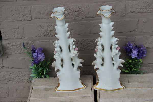 Rare pair antique Vieux paris porcelain putti Lion Candle holders vases