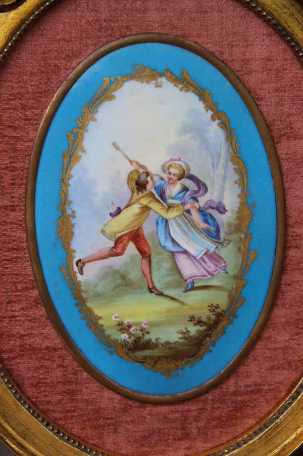 Antique pair Wall panel sevres porcelain plaque romantic scene Framed rare