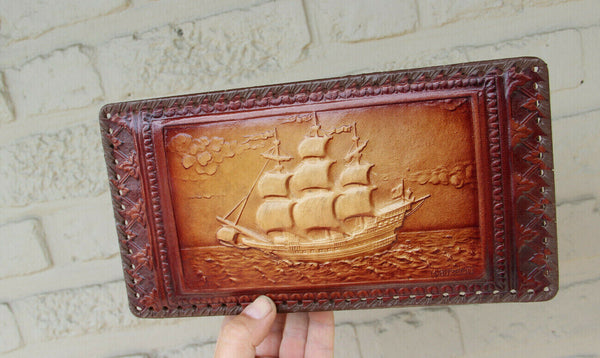 Vintage French leather wood Gloves  Box maritime boat scene signed 1950