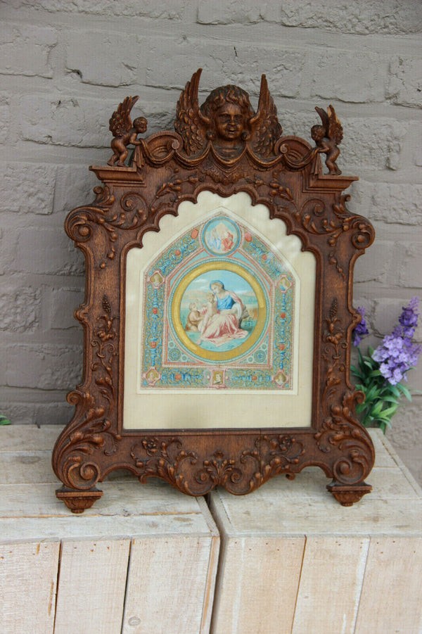 Antique Church Religious watercolour painting wood carved angel frame rare