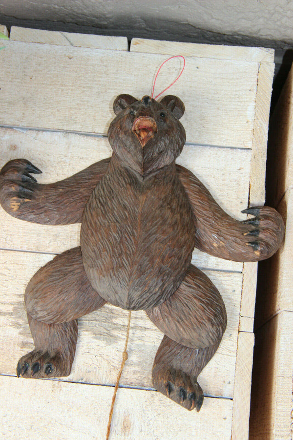 Rare Antique black forest wood carved bear wall strin pull toy