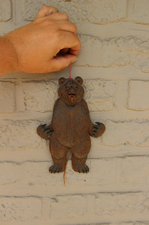 Rare Antique black forest wood carved bear wall strin pull toy